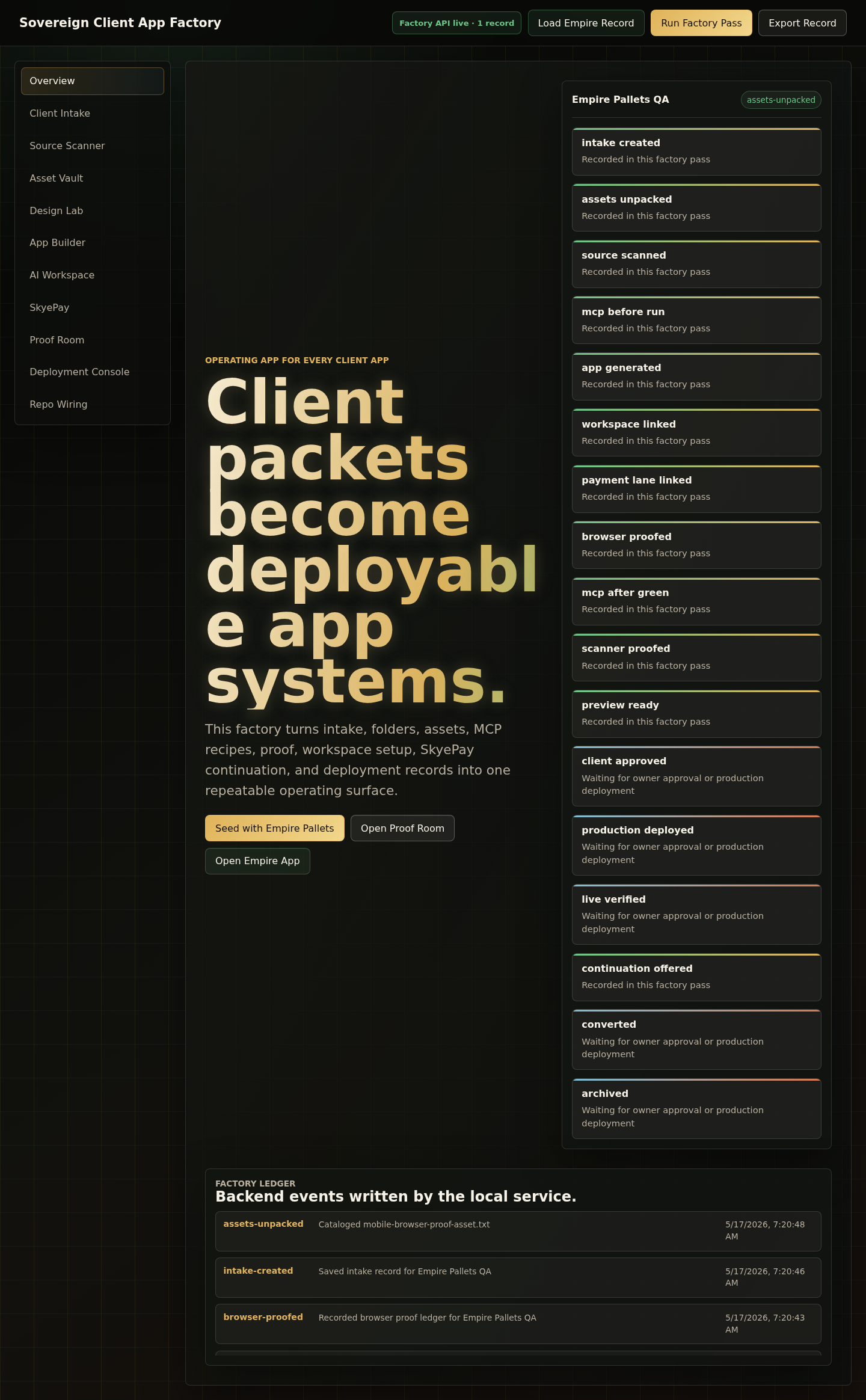 Desktop screenshot of the Client App Factory operating surface