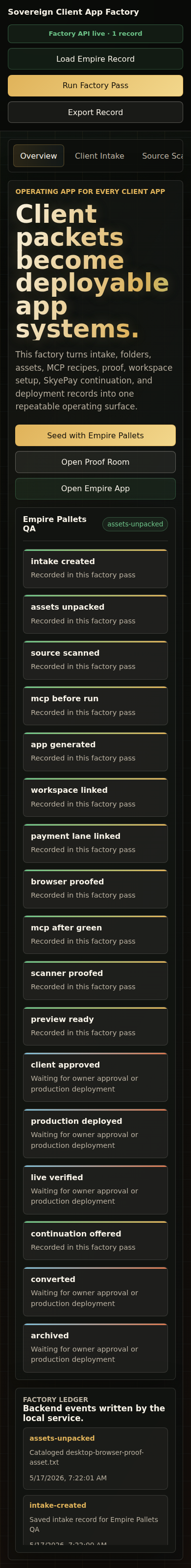 Mobile screenshot of the Client App Factory operating surface
